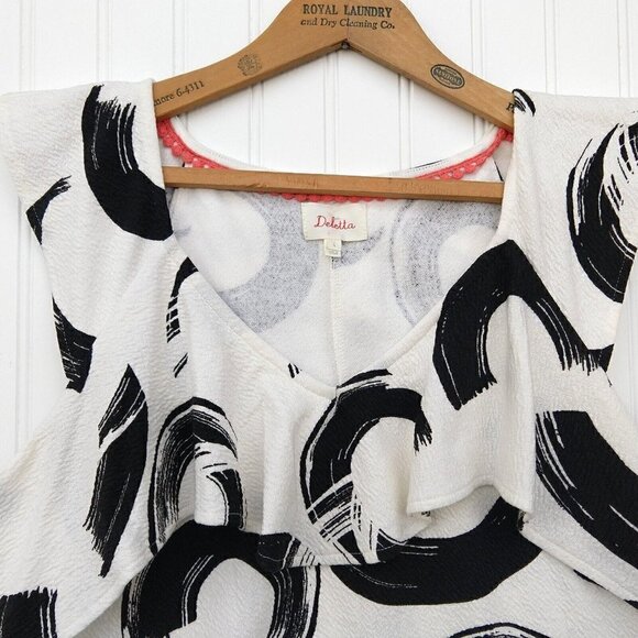 Deletta Anthropologie Pincelada Mini Dress Size L White Black Abstract Ruffle - Picture 3 of 9